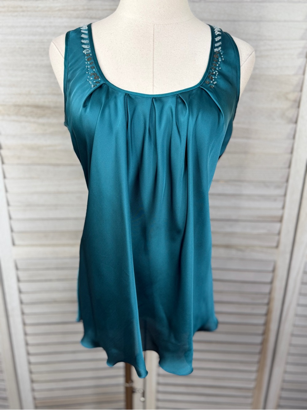 SPENSE Women's Silky Teal Green Beaded Tank Top with Soft Pleating-Small